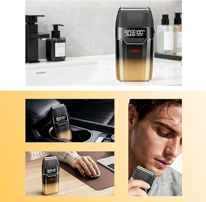 VGR 308 Electric Shavers for Men, Professional Double Foil Shaver 9000RPM Cordless Head Shaver with Titanium Foils, LED Display, USB Rechargeable Men's Electric Razor for Face & Beard, Gold