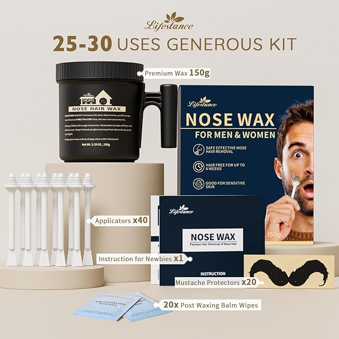 Lifestance Nose Wax Kit Men | 150g | Large Capacity Nose Hair Wax Kit with 40 Applicators, 25-30 Uses | Nose Wax Kit for Women | Nose Hair Waxing Kit for Men with Balm Wipes and Mustache Guards