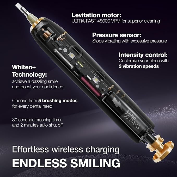 Wagner Stern WHITEN+ Edition. Whitening Electric Toothbrush with Pressure Sensor. Offers 5 Brushing Modes, 3 intensities, 8 Soft Brush Heads, and a Luxury Travel case.