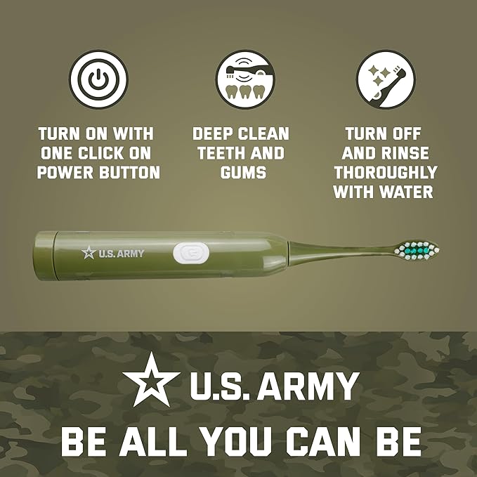 U.S. Army Electric Toothbrush, Battery Powered Toothbrush for Adults with 3 Heads, Waterproof Design for Oral Care and Plaque Removal