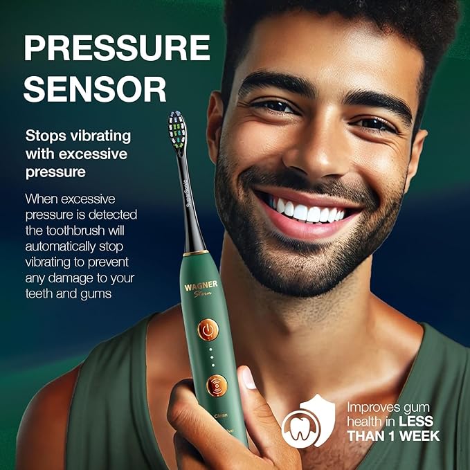 Wagner Stern WHITEN+ Edition. Whitening Electric Toothbrush with Pressure Sensor. Offers 5 Brushing Modes, 3 intensities, 8 Soft Brush Heads, and a Luxury Travel case.