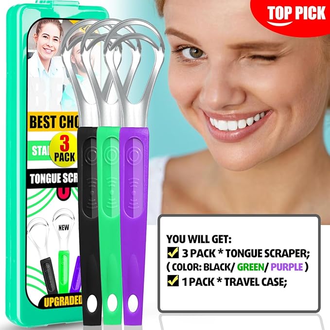3 Pack Metal Tongue Scrapers for Kids Adults, Stainless Steel Tongue Cleaner Scrubber with Travel Case