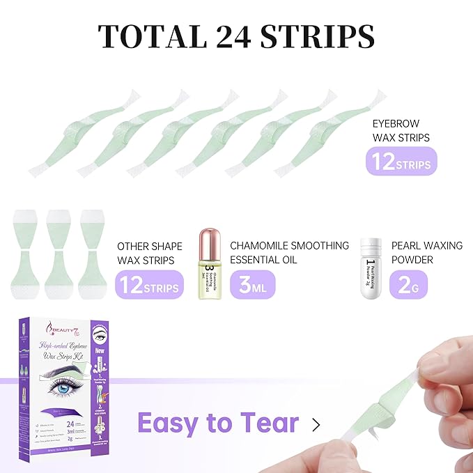 Beauty7 Eyebrow Wax Strips High-arched Eyebrow Wax Strips Kit Hair Removal at Home Waxing 24 Strips with Pearl Powder Essential Oil for Sensitive All Skin Types Women