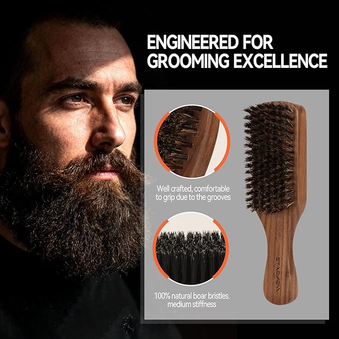 Boar Bristle Beard Brush for Men - Wooden Mustache Brush and Slick Back Hair Brush with Small Metal Beard Comb, Perfect for Home and Travel Use - Major