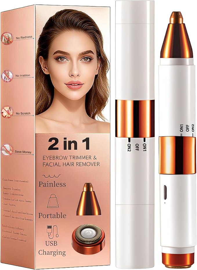 2-in-1 Painless Eyebrow Trimmer & Flawless Facial Hair Remover for Women - Gentle Dual Head Design for Brows, Lip, Chin, Cheeks - Rechargeable Type-C(White A)