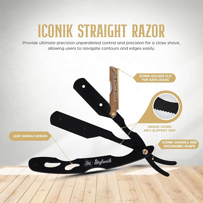 Professional Straight Edge Barber Razor – 60 Single/30 Double-Sided Stainless Steel Blades for Men & Women, with Leather Case (Gold)