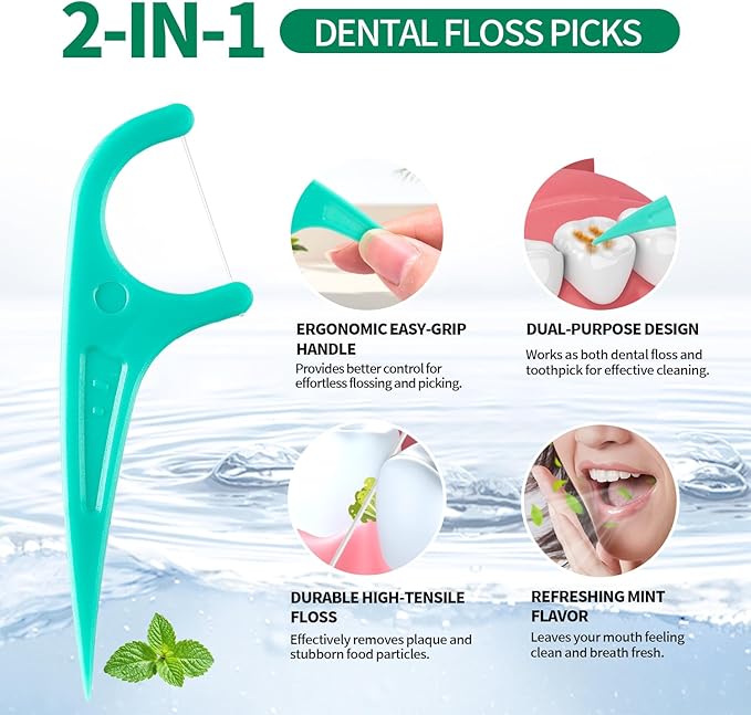 Floss Picks, 300 Count Mint Dental Floss Picks, Toothpicks with 5 Travel Cases for Extra Convenience, Helps Prevent Cavities, Remove Plaque & Freshen Breath, Premium Floss Sticks for Family