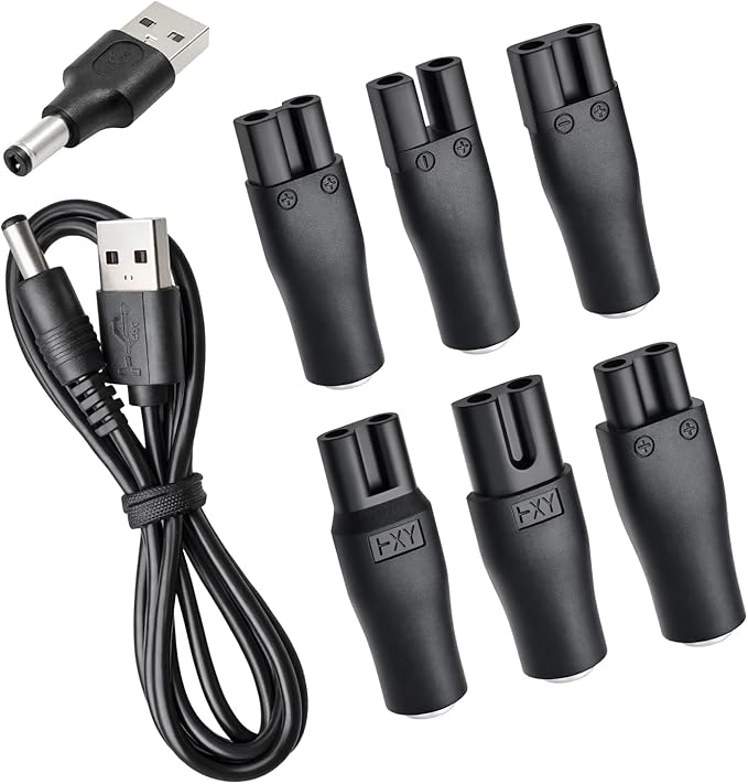 8-in-1 USB 5V Charger Adapter Kit,Compatible with Electric Hair Clippers, Beard Trimmers Charger, Shavers, Beauty Instruments. Includes 6 Adapter Tips, 1 DC5521 Cable, 1 USB Plug