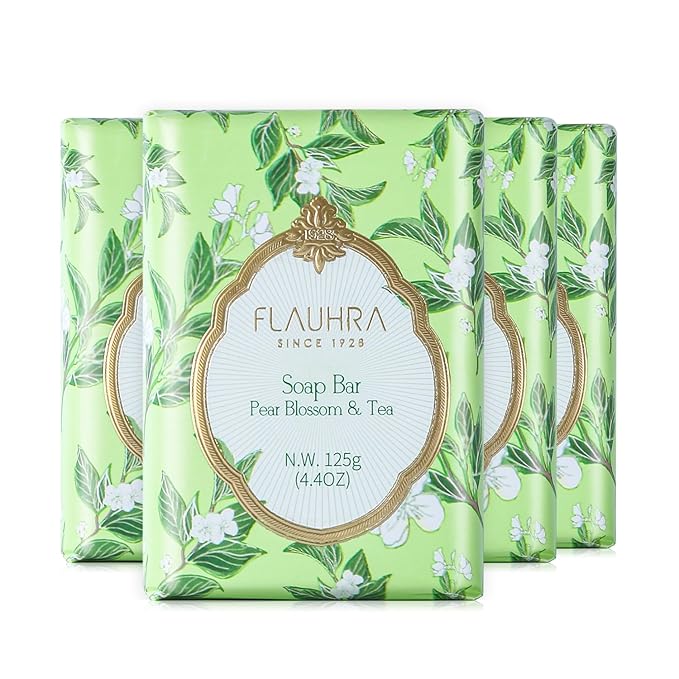 Bee & Flower Soap Bar Pear Blossom & Tea Essential Oil Scented Soap Bar Moisturizing Bath Bar Soap Nourishes Your Skin 4.4 oz(Pack of 4)