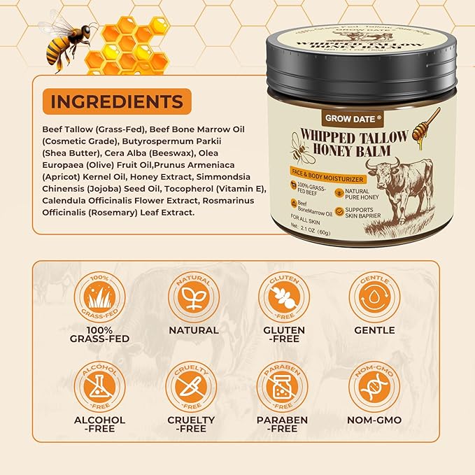 Beef Tallow for Skin - Organic Tallow and Honey Balm for Face - Whipped 100% Grass-Fed Beef Tallow & & Raw Honey, Body Deeply Nourishing for Women & Men, Suitable for All Skin Type - Unscented 2.1 OZ