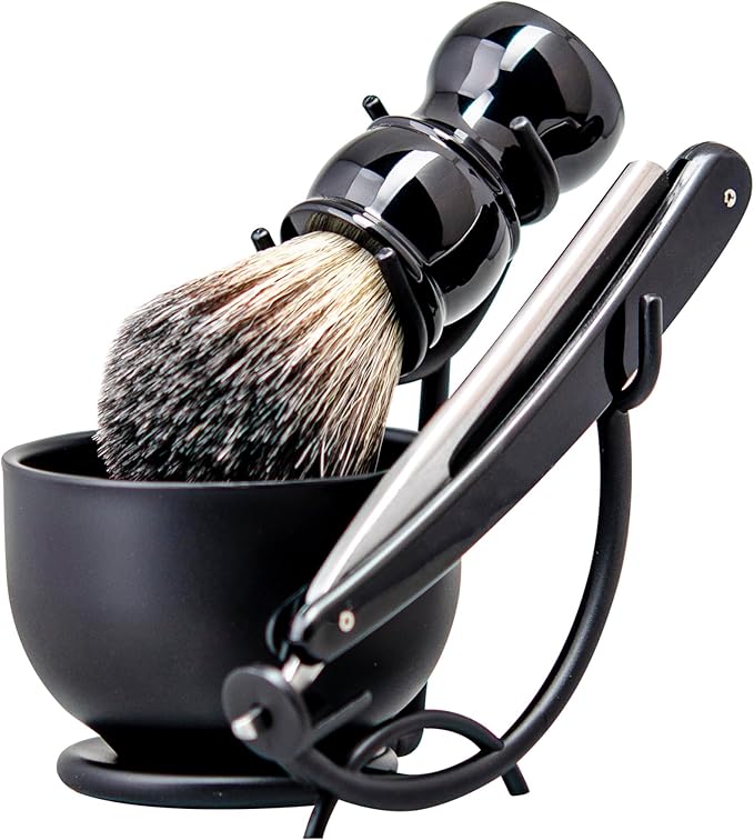 Grandslam Shaving Straight Razor Kit, Steel Cutthroat Straight Razor With Leather Strop, Shaving Brush, Stainless Steel Shaving Bowl and Stand, Shaving Soap, Gift for Men, Black…