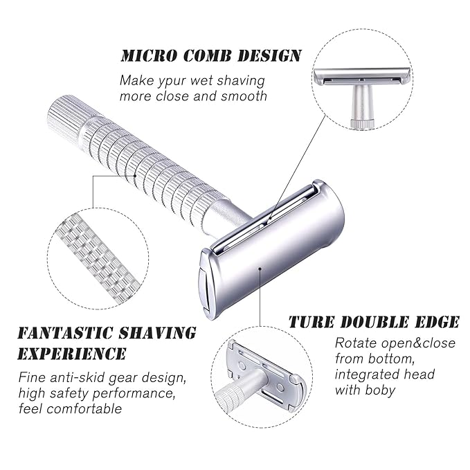 Men's and Women's Manual Razor Safety Razor with 10 Double Edge Blades, Double Edge Razor, Reusable Razor Kit, Eco-Friendly, Smooth Close Shave, Plastic-Free (Silver)