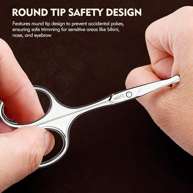 Eyebrow Scissors, 3.75” Round Tip for Safe Nose Hair, Mustache & Bikini Trimming, Premium Stainless Steel Small Scissors with Case
