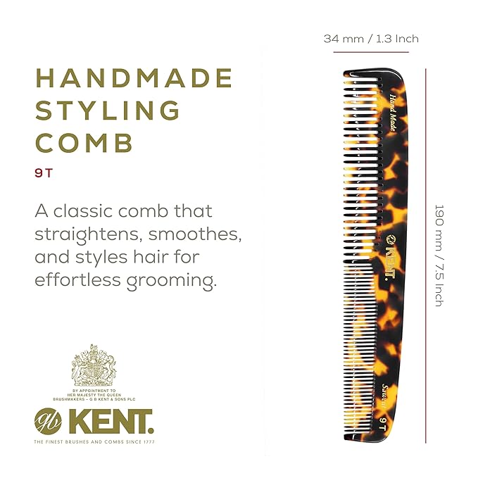 KENT 9T Fine Tooth & Wide Tooth Comb Detangler - Large Handmade Saw-Cut Dressing Comb - Wet/Dry Hair Comb for Women & Men, Made in England (Yellow Tokyo), 1 Count