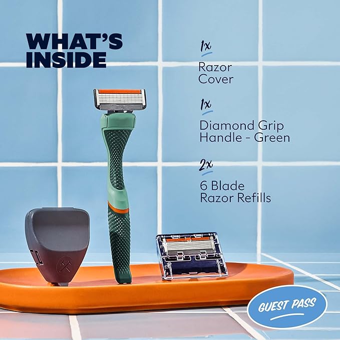 Dollar Shave Club | The Guest Pass Shave Set | 2 Extra Close Refill Cartridges, 1 Handle (Green), 1 Razor Cover, Razors for Men