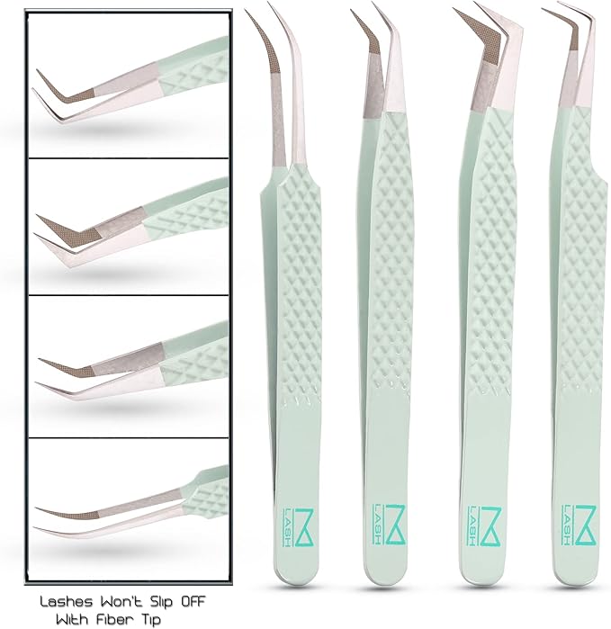 M LASH Tweezers for Eyelash Extensions (Set of 4) - Professional Lash Extension Tweezers - Fiber Tip, Japanese Steel, Diamond Grip Eyelash Extension Tweezer set (ET-GRN)