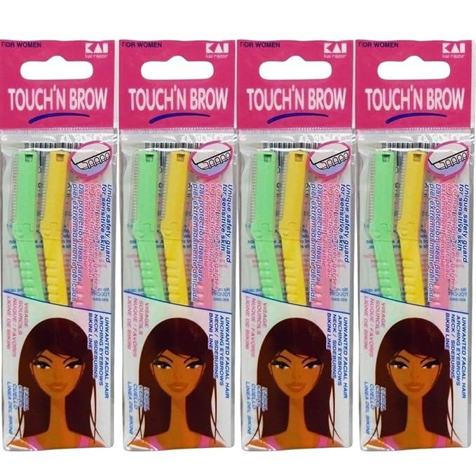 Kai Touch n Brow Eyebrow Razor for Women, 3 Count (Pack of 4), Facial Razor & Dermaplaning Tool with Safety Guard, Peach Fuzz Remover & Precision Brow Trimmer