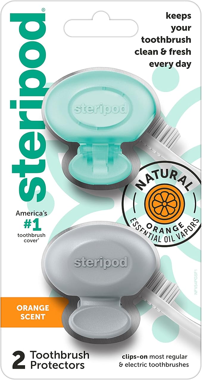 Steripod Clip-On Toothbrush Protector with Orange Essential Oils, Keeps Toothbrush Fresh and Clean, Fits Most Manual and Electric Toothbrushes,2 Count (Pack of 1)