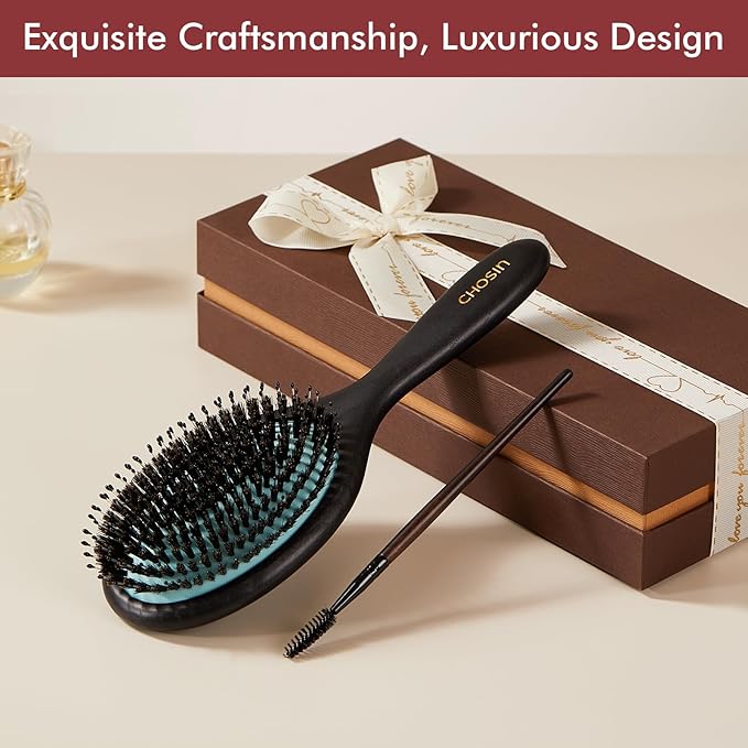 CHOSIN Boar Bristle Hair Brush: Paddle Brush with Wooden Handle for Men Women - Natural Bristles Brush Detangler Thick Hair, Reduces Frizz & Breakage for Christmas Gift (Green)