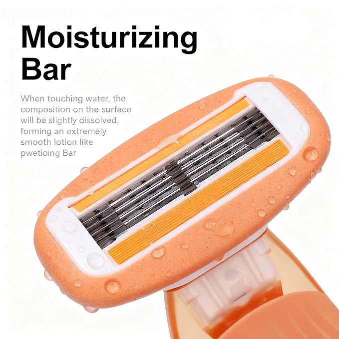 Moisturizing Bar Mini Travel Razor Kit for women Under Arm Pubic Hair Lines- 1 Handle and 3 Cartridges - Extra Smooth 5-blade With Case for Close Shaving - Orange