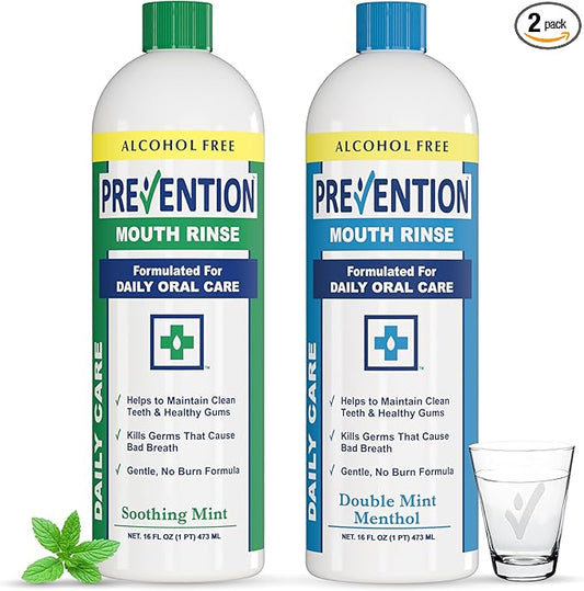Prevention Daily Care Combo Pack, Alcohol-Free Mouthwash, Hydrogen Peroxide Teeth Whitening, 1 Bottle of Soothing Fresh Mint, 1 Bottle of Double Mint Menthol, Gum Care Oral Mouth Rinse 16 oz 2 Pack.