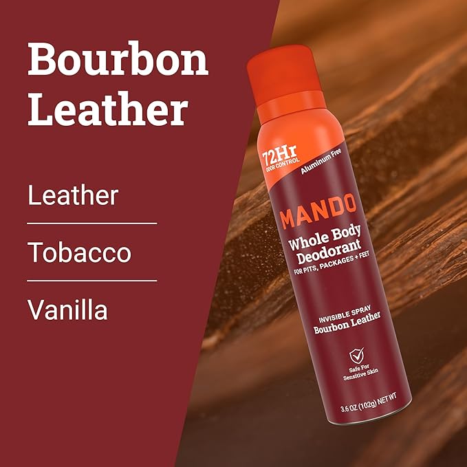 Mando Whole Body Deodorant For Men - Invisible Spray Deodorant - 72 Hour Odor Control - Low Irritation Formula - Aluminum Free, Benzene Free - 3.6 ounce Cans (Pack of 2) - Bourbon Leather