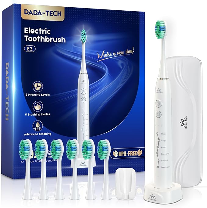 Electric Toothbrush for Adults Kids Electric Toothbrush Rechargeable Sonic Toothbrush Ultrasonic Toothbrush with Travel Case, Holder & 7 Brush Heads, 6 Modes & 3 Intensities, 2-Minute Timer (White)