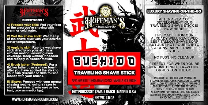 Hoffman's Bushido Traveling Shave Stick, Beef Tallow, Applewood, Tonka Bean, Spice, Vanilla Bourbon, 2.5 oz, Luxury On-The-Go, Small Batch, Made in USA