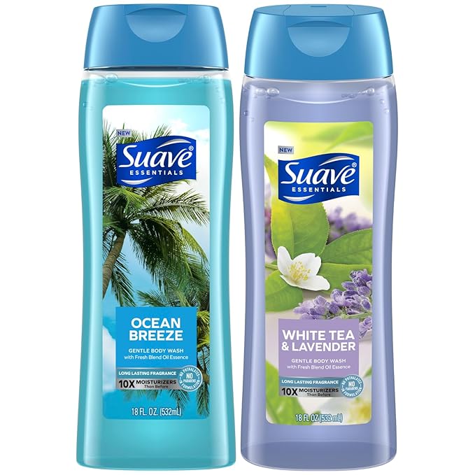 Suave Body Wash Variety 2-Pack, Ocean Breeze + White Tea & Lavender – Gentle Body Washes with Fresh Blend Oil Essence, 18 Oz Ea
