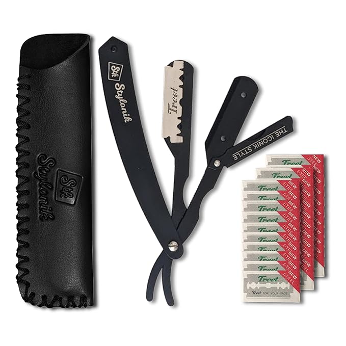 Professional Straight Edge Barber Razor – 60 Single/30 Double-Sided Stainless Steel Blades for Men & Women, with Leather Case (Matt Black)