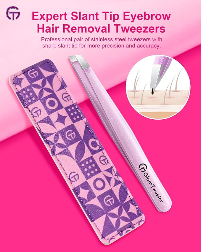 Expert Eyebrow Hair Removal Tweezer with Leather Case, GlamTweeler High Precision Slant Tip Stainless Steel Tweezers for Men and Women (Sparkle Baby Pink)