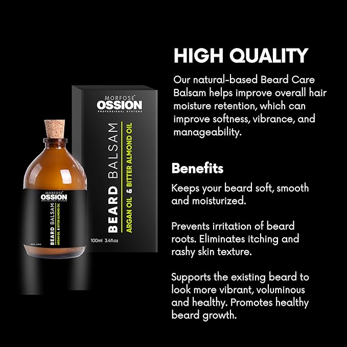 Morfose Ossion Beard Care Balsam, Promotes Healthy Hair Growth, Fuller, Longer and Thicker Beard, Alleviates Itches, Eliminates Beardruff, Enriched with Argan and bitter Almond Oil, 3.4 Ounce