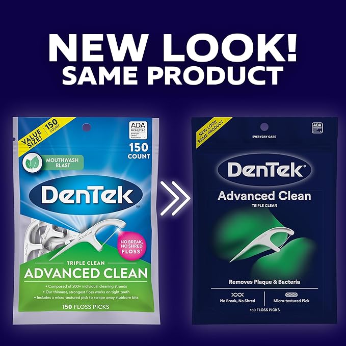 DenTek Advanced Clean Floss Picks with No Break & No Shred Dental Floss, Plaque Remover, 150 Count, Pack of 6