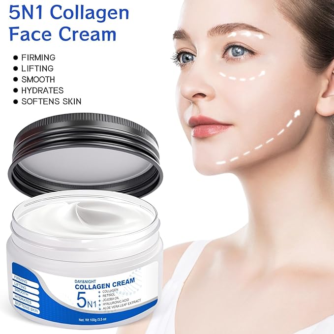 5N1 Collagen Moisturizer with Retinol & Hyaluronic Acid - Deep Hydration Face Cream for Women & Men - Visibly Firms, Smooths Wrinkles, Plumps Skin - Day & Night Cream, 3.5 oz