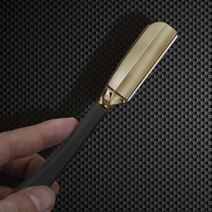 Straight Edge Shaving Razor for Men, Professional Silicone Handle Stainless Steel Barber Razor - Salon Cut Throat Shavette with 15 Guarded Blades (Gold)