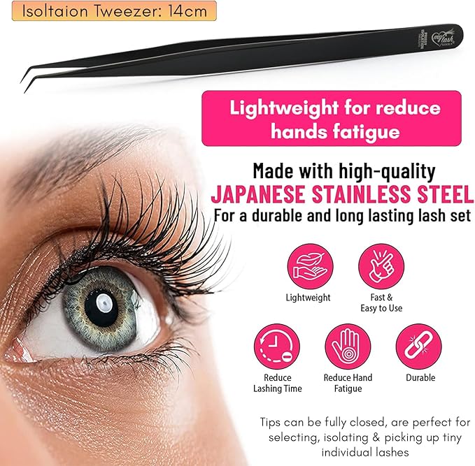 Isolation Tweezer for Eyelash Extensions – 14cm Curved Lash Tweezer, Stainless Steel, Best for Individual Isolation & Classic Lashes, Pinzas para Twisers (Black Titanium)