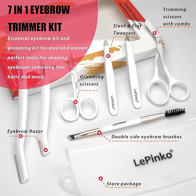 LePinko Eyebrow Trimmer Kit, 7 in 1 Eyebrow Scissors, Tweezer, Razor, Gromming Scissors Brush for Women Men, Gifts for Stocking Stuffers - White