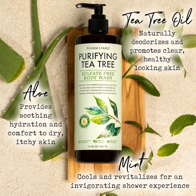 Soothing Tea Tree Body Wash Sulfate-Free Shower Gel – Nourishing Hydration Soothes Dry, Itchy Skin - Infused with Tea Tree oil, Mint, Vitamin E & Aloe, 16.2oz