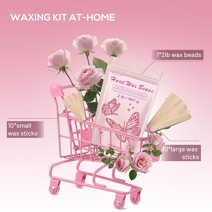 Wax Beads Includes 20 Sticks,Hard Wax Beads 2lbs for Hair Removal and Sensitive Skin Friendly, Large Hard Wax for Brazilian, Bikini, Armpits, Face & Body At-Home Waxing, Rose