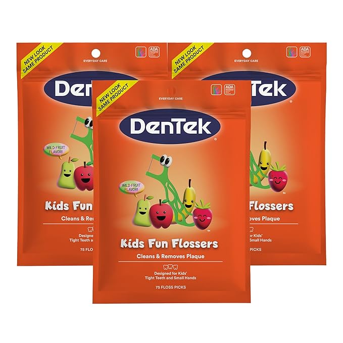 DenTek Fun Flossers – Kids Floss Picks with Wild Fruit Flavor, 75 Count, Pack of 3