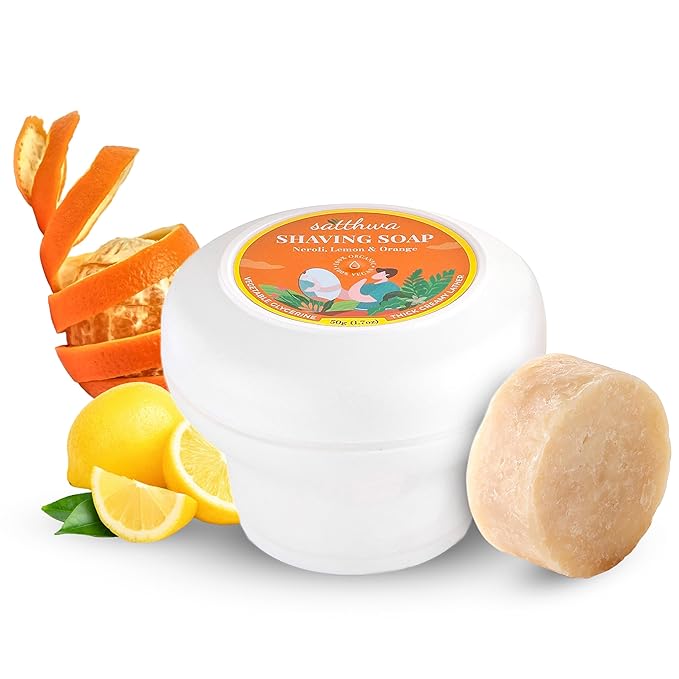 Satthwa Organic Shaving Soap Puck infused with Neroli, Lemon & Orange | Create the Perfect Lather | Excellent for Silky Smooth Shaves | Hydrates and Shields, 50g (1.7oz)