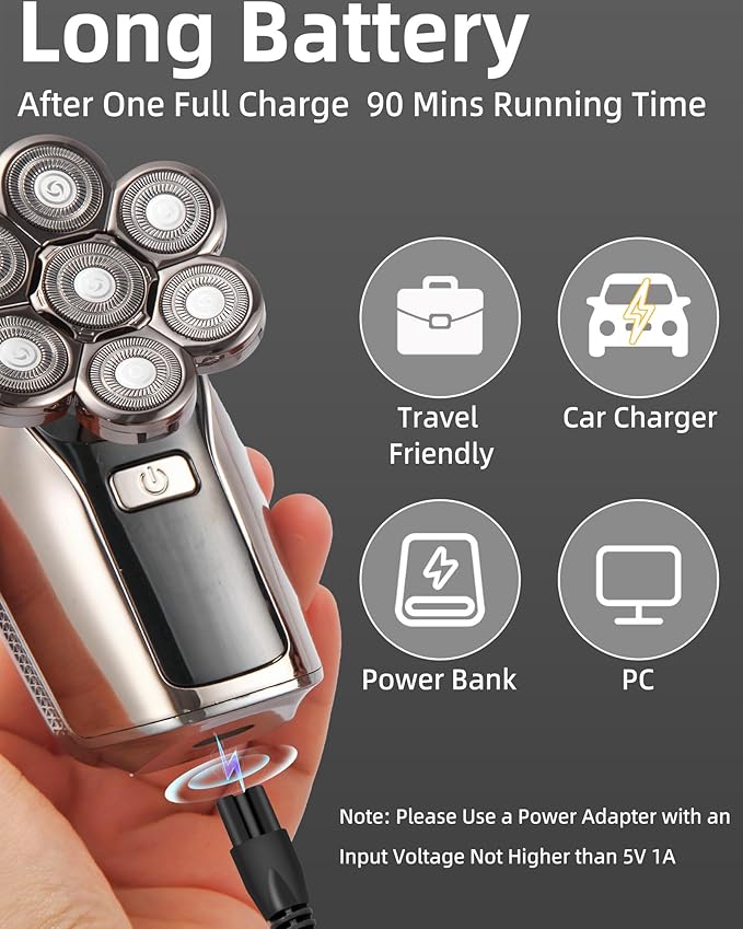 Head Shavers for Bald Men,7D Detachable Electric Bald Head Shaver,5-in-1 Dry Wet Bald Head Shavers for Men,IPX7 Waterproof Electric Razor for Men with Led Display,Fathers DayGifts, Silver