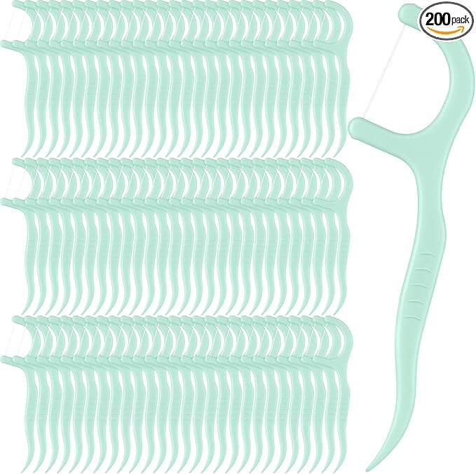 Baderke 200 Count Floss Picks Bulk Non Breakable Tooth Picks Flosser Dental Floss Sticks for Adults Teeth Cleaning Dental Flossers for Family Pack Travel (Light Green)