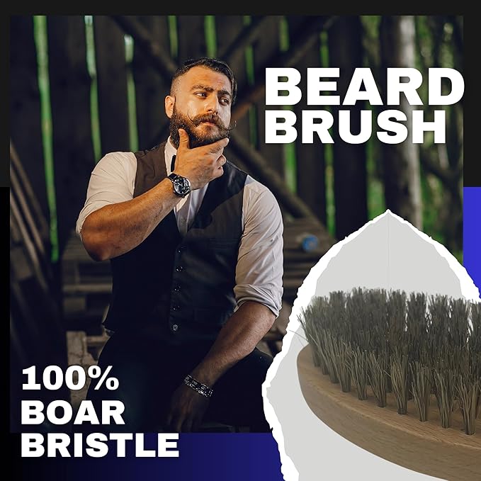 G.B.S Combo Beard Grooming set, Oval Wood Beard Brush with Boar Bristles 4 1/2" x 2 3/8", All Fine Wood Beard Comb 2" x 4" & Tortoise Pocket Beard and Mustache Comb Effortless Glide