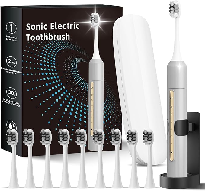 Sonic Electric Toothbrush for Adults & Kids - 10 Brush Heads, 90-Day Battery, 5 Modes, 2-Min Timer, IPX8 Waterproof, Rechargeable & Travel-Friendly (Silver)