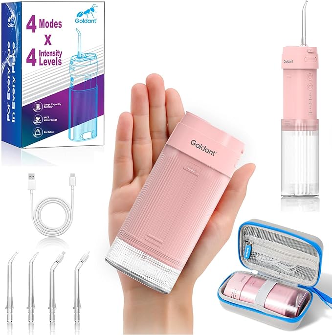 2026 New Portable Water Flosser for Teeth, 4 Modes & 4 Intensity Levels, Mini Small Design with Exquisite Travel Case, Removable Tank, IPX7 Waterproof, Cordless Dental Oral Irrigator (Pink)