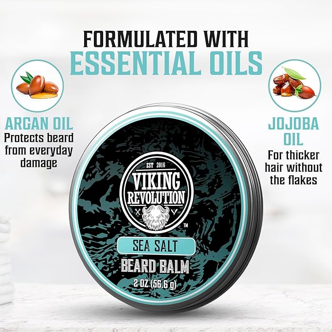 Viking Revolution Sea Salt Beard Balm for Men - Beard Butter for Men with Argan Oil and Jojoba Oil Softener and Moisturizer Styling Balm (1 Pack, 2oz)