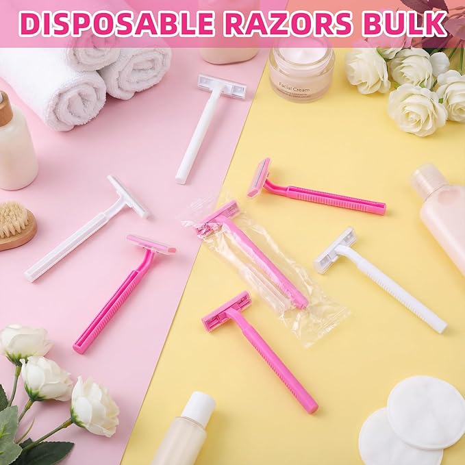 Hanaive Women's Disposable Razors Bulk Twin Blade Disposable Stainless Steel Hospitality Quality Shaver Multipurpose Portable Shave Razor Manual for Bathing Hotel Travel (Pink White,100 Pcs)