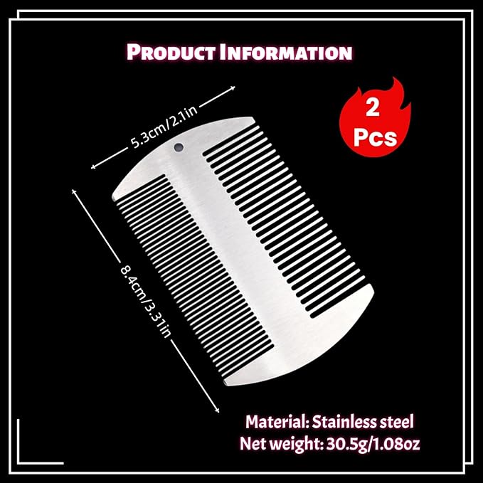 2 Pcs Metal Beard hair Comb for Men - Stainless Steel Pocket Mustache Comb, Dual Action Fine & Wide Teeth, Credit Card Size, Anti-Static, Lice Remover, Barber Styling - Silver