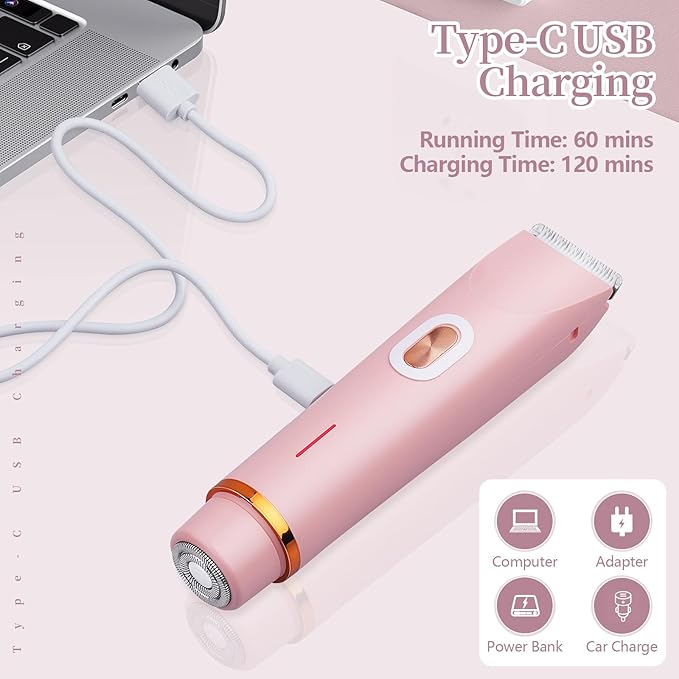 Ladies Electric Razor, 2 in 1 Dual Head Shaver Women, Bikini Trimmer for Women Personal Body Face Leg Arm Hair USB Charge Waterproof Wet and Dry (Pink)